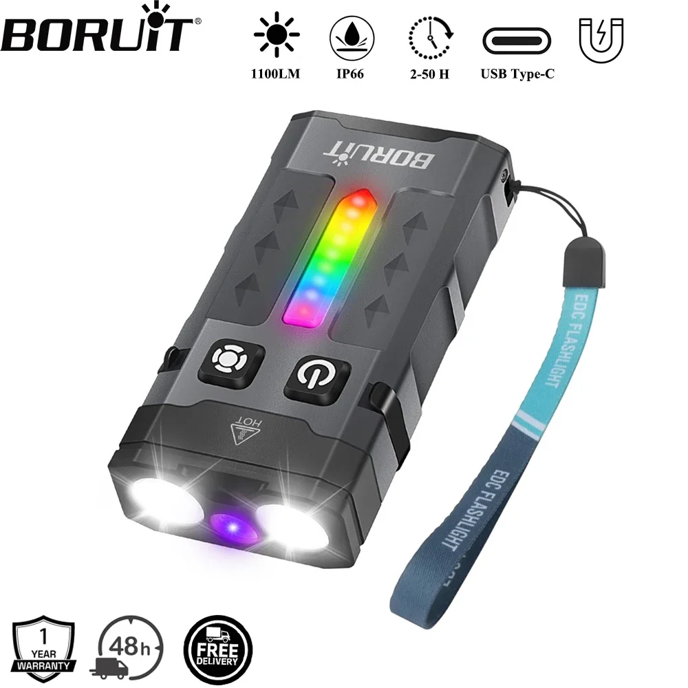 Keychain Flashlight - BORUiT EV20 1100LM EDC UV llavero